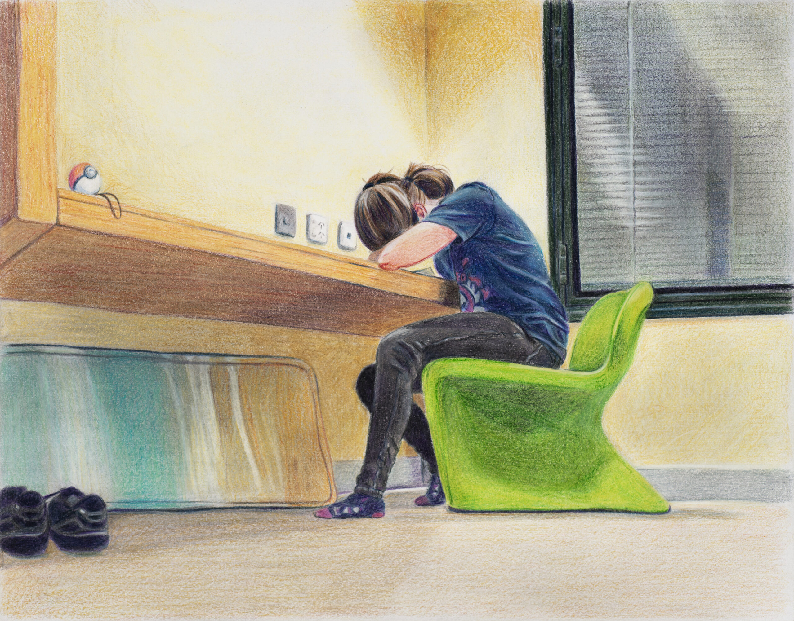 Pastel and coloured pencil painting of a woman sitting in a bright green plastic chair and slumped at a bench desk in a hospital ward