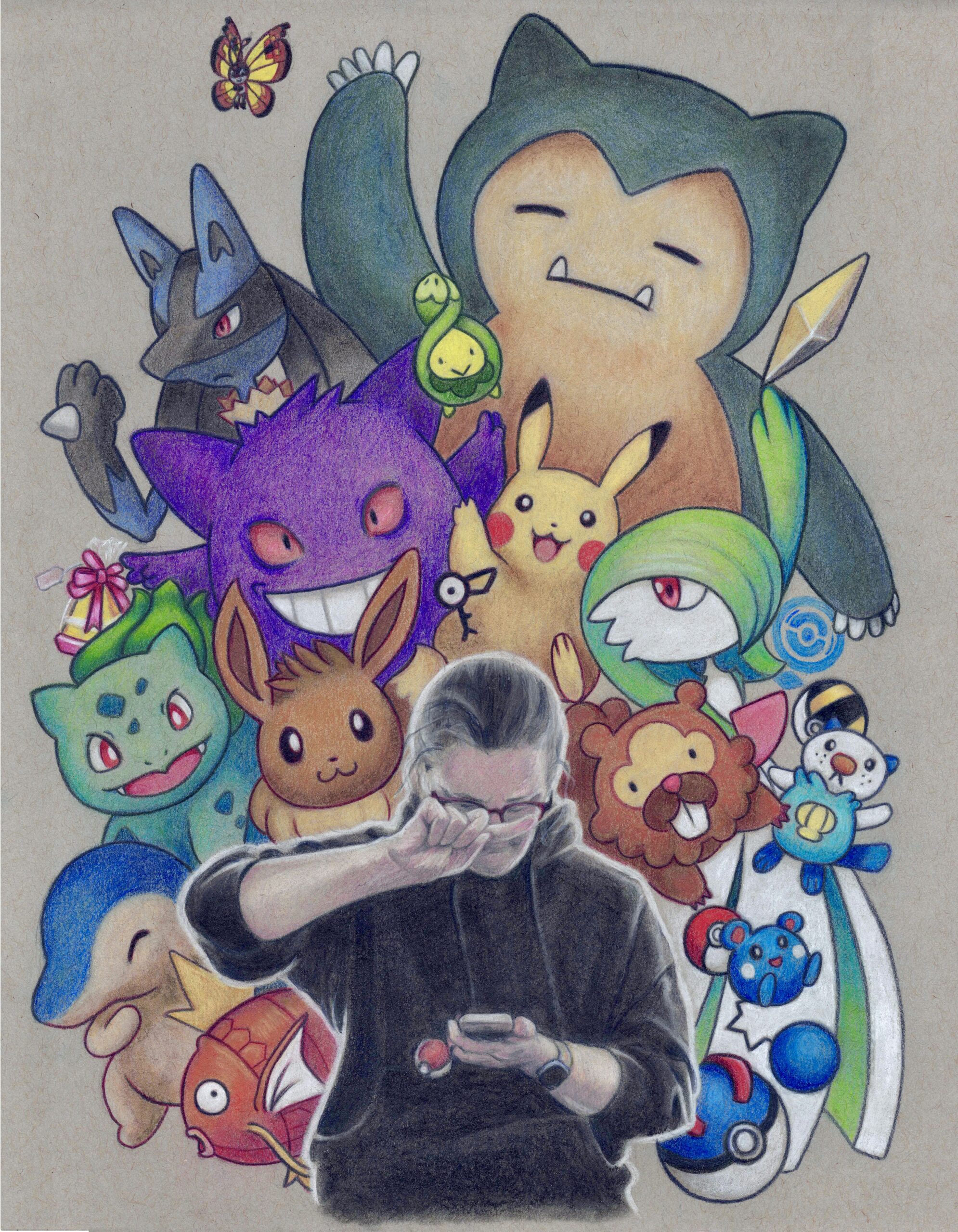 A pastel and coloured pencil drawing of a woman (realistically drawn) playing Pokémon GO surrounded by various brightly coloured characters from the games and anime